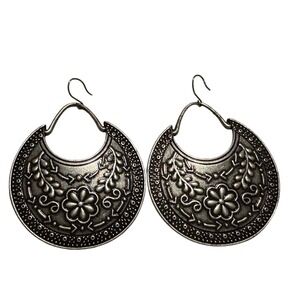 Antique Silver Tone Boho Floral Embossed Crescent Statement Hoop Earrings